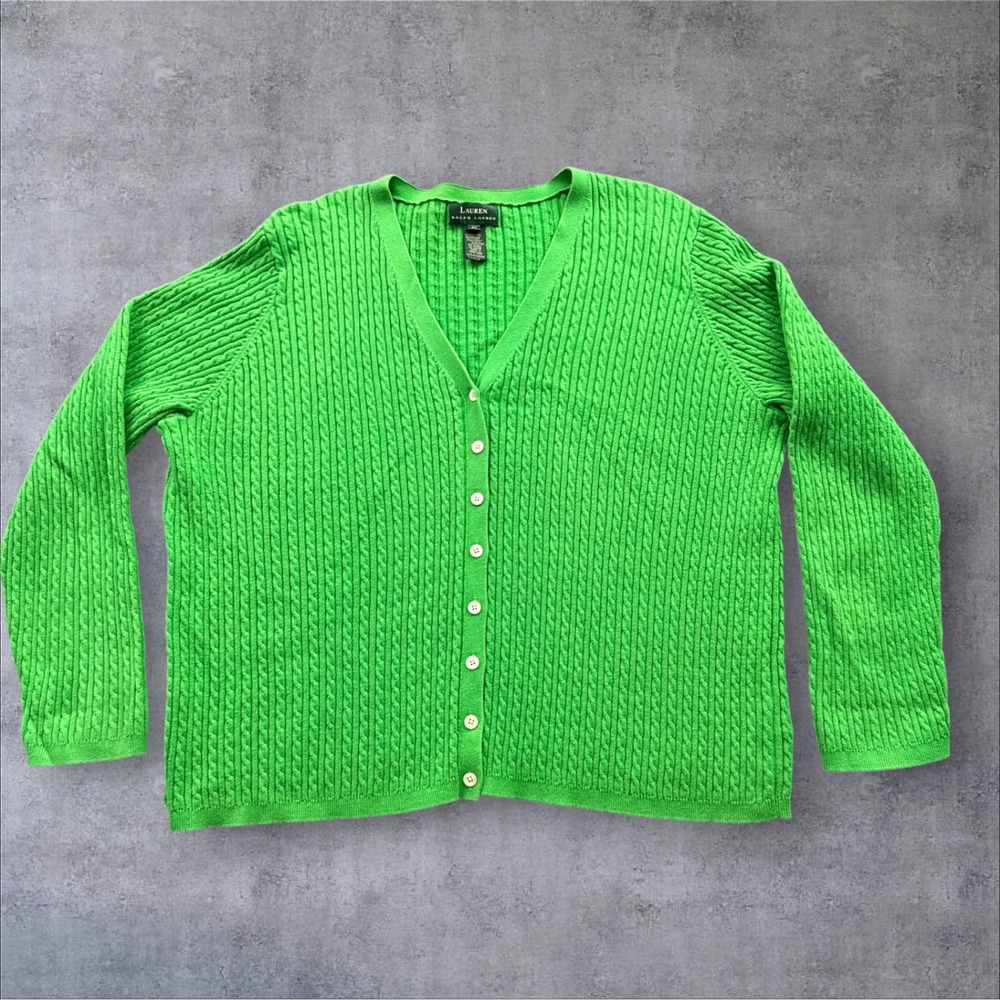 Lauren Ralph Lauren Cable Knit Cardigan Womens 2X Green V-Neck Button Front